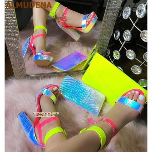 ALMUDENA Newest Colorful Snake-Print Chunky Heel Sandals Patchwork Square Buckle Strap Platform Dress Shoes Multi Python Pumps