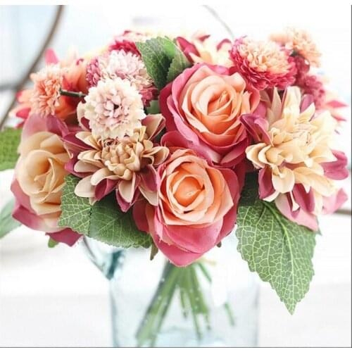 New 30cm/11.8" Silk Flower Wedding Bouquet Rose Dahlia Artificial Flowers Bridal Bouquets Fake FlowerHome Wedding Decoration