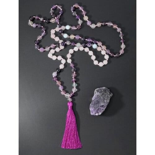OAIITE Amethyst Rose Quartz Stone Necklace 108 Beads Tassel Mala Necklaces Yoga Tibetan Buddhism Meditation Spirituality Jewelry