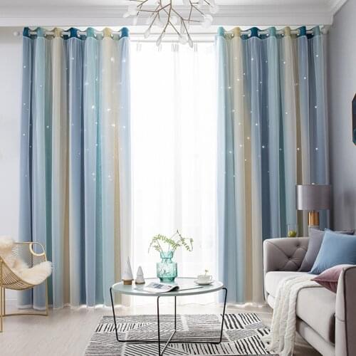 Hollow-Out Star Curtain 2 Layer Gradient Full Shading Polyester Fiber Window Blackout Drape for Bedroom Living Room