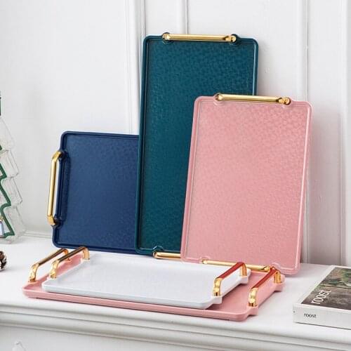 European-style Rectangular Tray Household Teacup Water Cup Plastic Tea Tray Golden Handle Storage Tray Home Storage Decoration