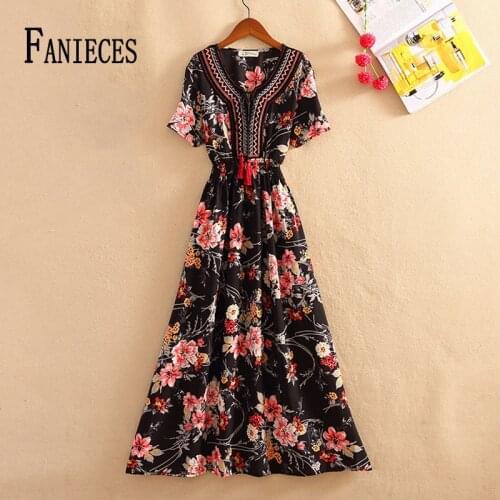 Summer Chic Women Vestidos Floral Print Short Sleeve Bohemian Holiday Chiffon Dresses Ladies Deep V neck Patchwork Boho Dress