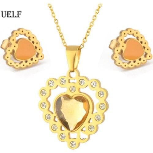 UELF Austrian Crystal Stainless Steel Jewelry Heart Pendant Necklaces Hollow Earrings Woman Accessories Gift