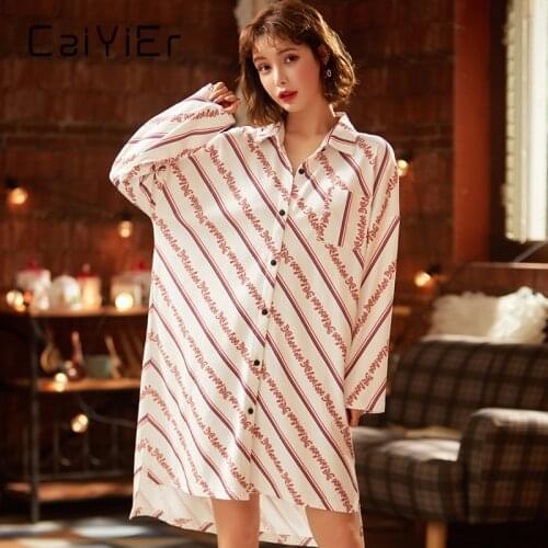 CAIYIER 2020 Stripe Women Leisure Nightgown Turn-down Collar Bathrobe Witer Long Sleeve Ladies Shirt Skirt Girl Nightdress
