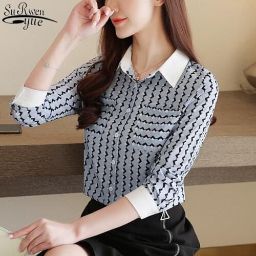 2021 Autumn Chiffon Blouse Long Sleeve Womens Shirts Korean Blue Slim Top Female Fashion Women Blouses for Office Lady 10754