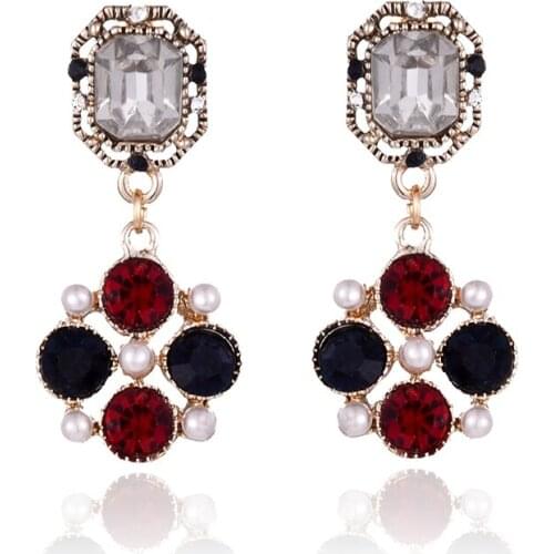 LUBOV Black And Red Round Crystal Stone Flower Pendant Drop Earrings Women White Pearl Dangle Earrings Party Jewelry Girls Gift