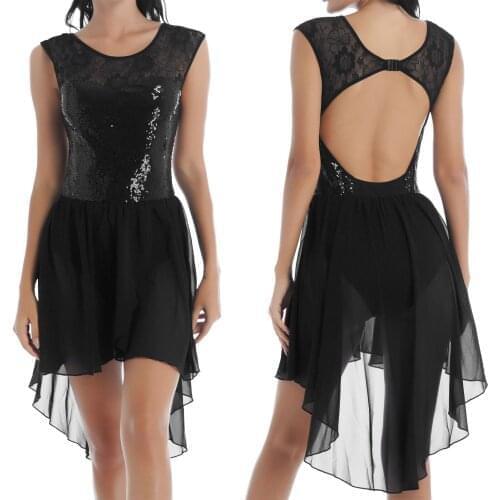 Women Glitter Sequin Asymmetric Hem Ballet Dance Dress Dancing Competition Costume Ladies Lace Patchwork Sleeveless Dresses
