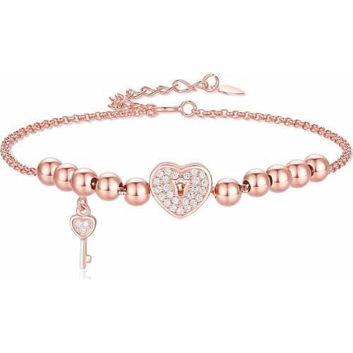 Fashion heart &key beads zircon diamonds gemstones charms chain bracelets for women rose gold &white silver color jewelry gifts