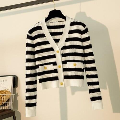 Women Striped Short Cardigan Sweater V-Neck Long Sleeves Button Sweet Knitted Tops 2021 Korean Fashion Casual Ladies Knit Jacket