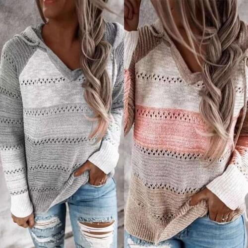 Autumn Women Patchwork Hooded Sweater Long Sleeve V-neck Knitted Sweater Casual Striped Pullover Jumpers 2020 New Female Hoodies