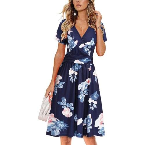 Womens Summer V-neck Short Sleeve Floral Print Short Slim Party Dress with Pockets Fashion Bohemian Casual Vacation Aline Skirt