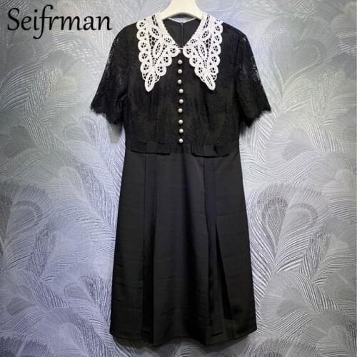 Seifrmann New 2021 Summer Women Fashion Runway Party Midi Dress Lace Beading High Waist Black Print Short Sleeve A-Line Dresses