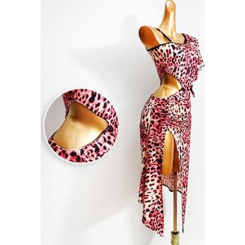 Latin Dance Dress Female New Style Hollow Waist Sexy Irregular Pink Leopard Dresses WomenS Stage Dance Practice Clothes DWY4519
