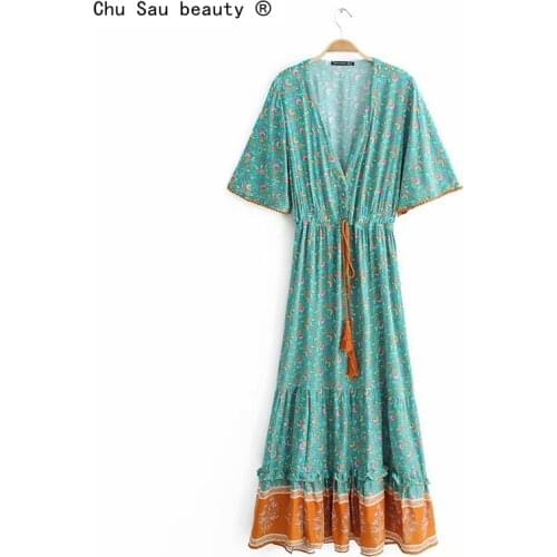 2021 Womens New High Waist Printed Boho Dress Spring Summer Vintage Printed V-neck Beach Vacation Long Floor Dress