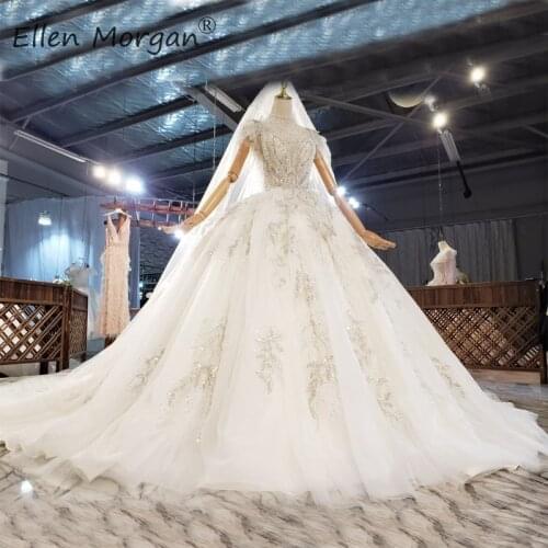Real Photos Luxury Beads Wedding Dresses For Bridal Ball Gowns Saudi Arabian High Neck Short Sleeves Vestidos De Novia 2021