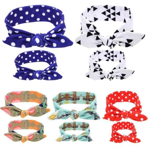 2Pcs/Set Mom Baby Kids Headband DIY Rabbit Ears Bow Hairband Floral Dot Turban