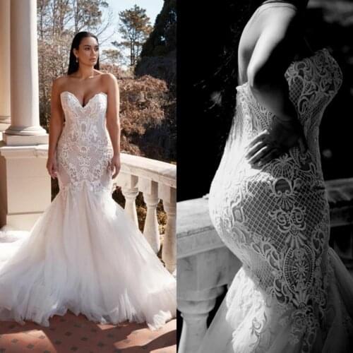 2021 Wedding Dresses Sweetheart Sleeveless Lace Appliques Mermaid Bridal Gowns Custom Made Backless Sweep Train Robe De Soiree