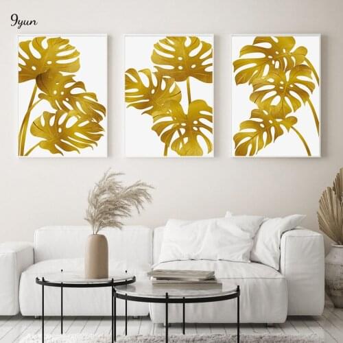 Abstract Watercolor Golden Monstera Leaves Botanical Wall Art Poster Print Canvas Painting Interior Living Room Decoration