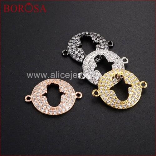 BOROSA 15pcs Mix Color Micro Pave White Zircons CZ Round Hollow Hamsa Hand Connectors Double Bails for Bracelet WX408