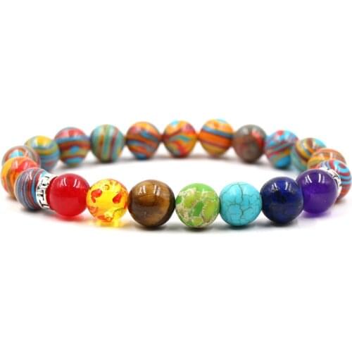 2019 10mm Natural Malachite Seven Color Chakra Beads Elastic Bracelet Bangle Jewelry Unisex Alloy T Spacer Accessories