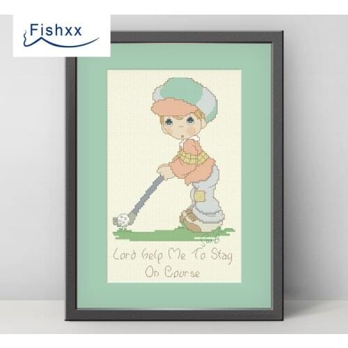 European Style Idyllic Cartoon Characters Fishxx Cross Stitch Kit H037 Playing Golf Boy Ivory White Cloth