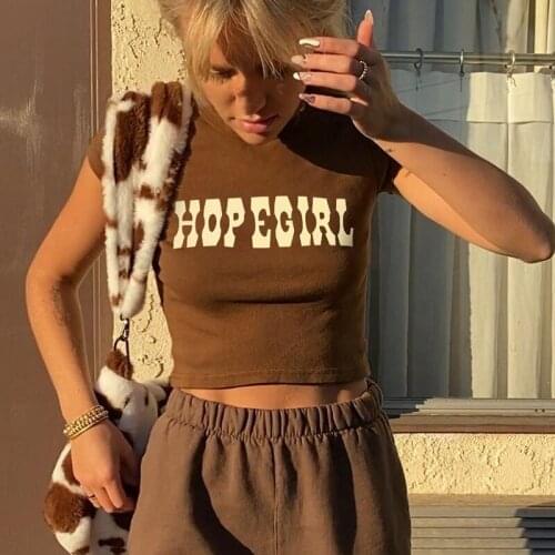 Printed Brown T Shirt Y2K Crop Top Short Sleeve Pullovers O Neck Tshirt Harajuku Tee Casual Tops Summer Streetwear