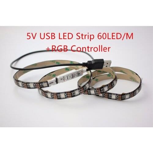 Black PCB 1M 5V USB LED strip 5050 RGB flexible light IP65 Waterproof 60LED/m,TV Background Lighting Strip with controller