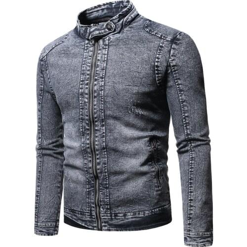 Mens velvet thermal denim jacket solid color stand-up collar zipper pocket slim fit autumn and winter new 2021