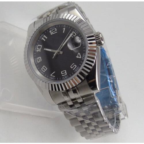 39mm Black dial Men Steel Case Watch 21 Jewels Japan MIYOTA 8215 Automatic Wristwatch Fluted Bezel Brushed Jubilee Strap