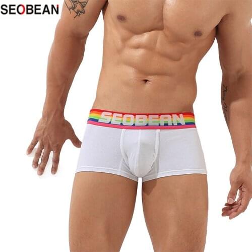 SEOBEAN Mens Underwear Rainbow Waistband 7-Color Cotton Soft Knitted Breathable U-type Bag Push Up Sexy Boxers