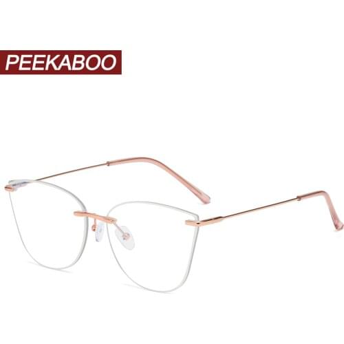 Peekaboo cat eye rimless glasses anti blue light female clear lens women square fashion eyeglasses metal frameless lightweight