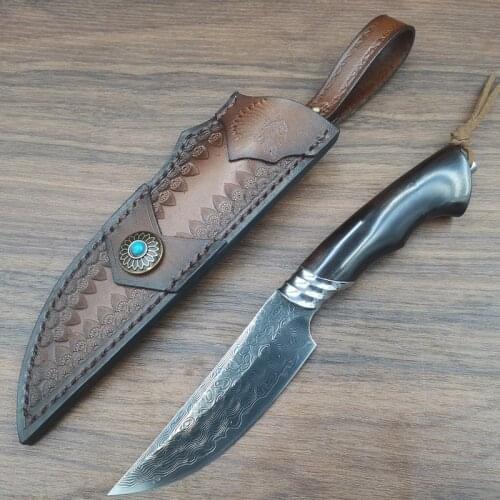 Samurai 60 HRC Handmade 95 Layer VG10 Damascus Steel hunting straight knife rosewood bone turquoise handle with leather sheath