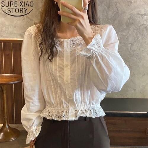 Casual Women Shirt Hollow Out Blouse Fashion Tops Flare Long Sleeve Square Collar Loose White Shirt Women Vintage Blusas 10960