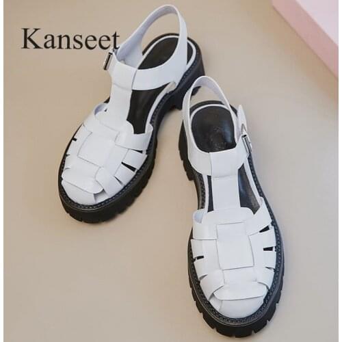 Kanseet Platform Thick Heels Sandals Mid Heels Shoes Real Leather T-Strap Round Toe Buckle Sandals Summer Black New Female Shoes