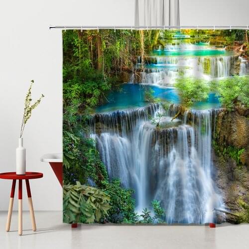 Scenic Shower Curtain Set Natural Scenery Beautiful Waterfall Home Bathroom Bathtub Decoration Waterproof Polyester Fabric