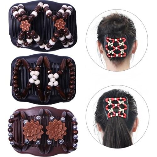 Double Beaded Hair Clip Combs Beads Elastic Hairpin Bun Maker Pins Easy Updo Styling Hair Disk Hair Accessories Wood Plate Made