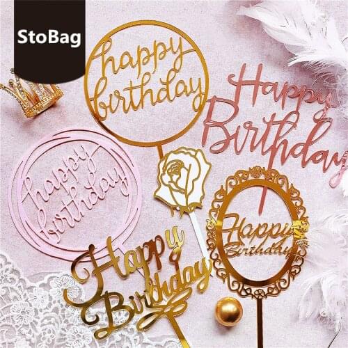 StoBag 20pcs Happy Birthday Love Acrylic Insert Flags Wedding Party Cake Decorating Baby Shower Favor Kind Gift Valentines Day