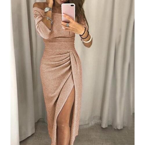 2021 Spring Autumn Solid Womens Tunic Lady Evening Party Dresses Off Shoulder High Waist Long Dress Elegant Sexy Club Vestidos