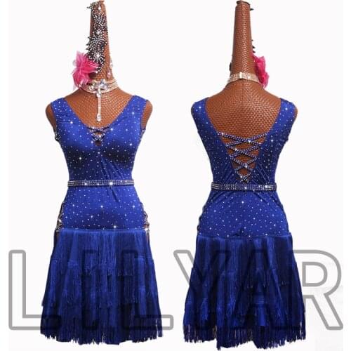 New royal blue latin dance fringed skirt pleated skirt belt denim tie belt hollow competition suit custom children dance dress