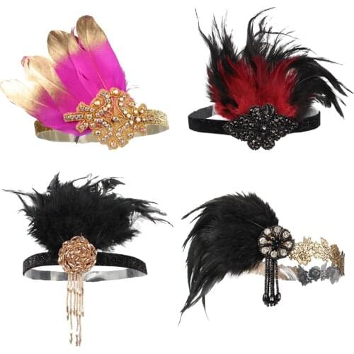 Womens Vintage Feather Headband, 20s Flapper Headband - Roaring 1920s Headpiece, Black/Red