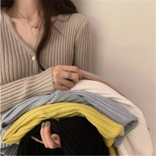 2021 Fashion Casual Slim Fit Ladies Tops Knitted Sweaters Women Korean V Neck Single Breasted Long Sleeve Cardigans