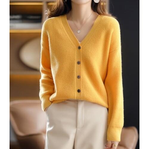 V-Neck Loose 100% Pure Wool Knitted Cardigan Womens 2021 New Spring And Autumn Solid Color Oversized Long-Sleeved Versatile Top