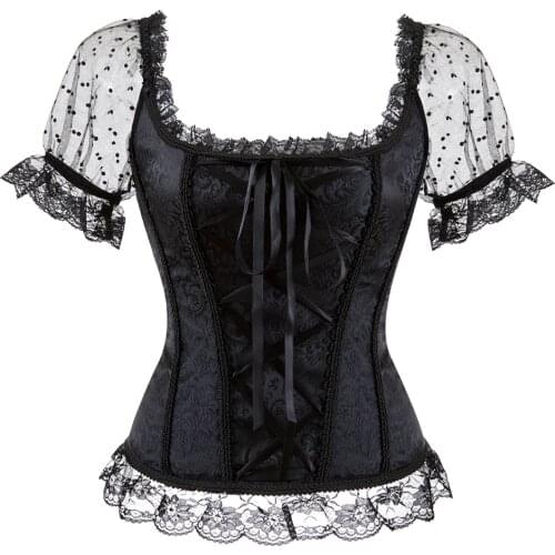 Shoulder Straps Corset Vest Tops for Women with Short Sleeves Burlesque Lace Corset Bustiers Waist Trainer Corselet Plus Size