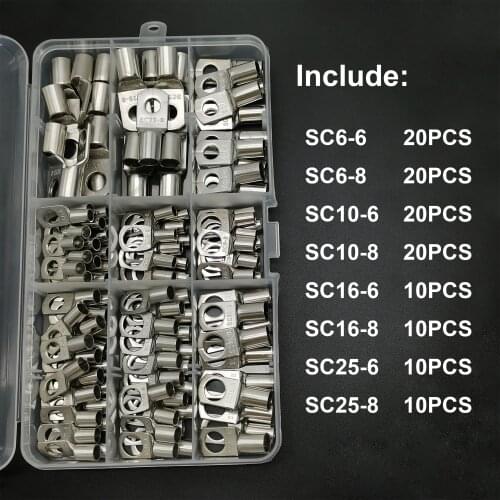 120PCS 6-25mm² Multi-size Battery Terminals copper nose Wire connector Bolt Hole Tinned Cable Lugs
