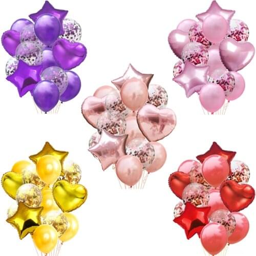 14Pcs/lot Multi Confetti Balloon Happy Birthday Party Balloons Rose Gold Heart star Helium Ballons Baby Shower Party Supplies
