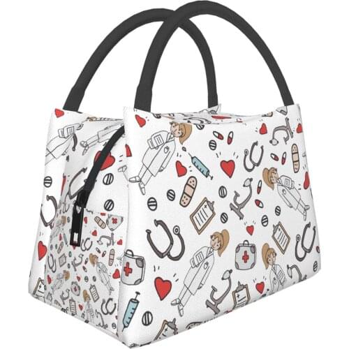 NOISYDESIGNS Cartoon Nurse Pattern Portable Lunch Bag Outdoor Food Bag Oxford Cloth Large Insulation Meal Bag Picnic Handbag