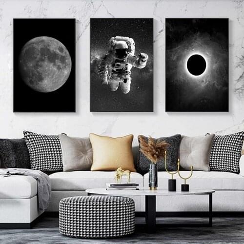 Black And White Astronaut And Moon Canvas Painting Poster And Prints Space Wall Art Pictures For Living Room Decor