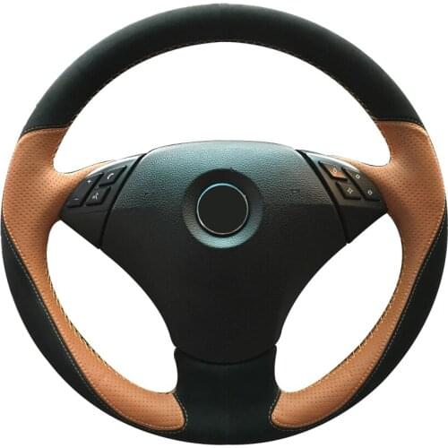 Black Suede Brown Leather Car Steering Wheel Cover for BMW E60 (Sedan) 530d 2003-2009 E61 (Touring) 2004-2009