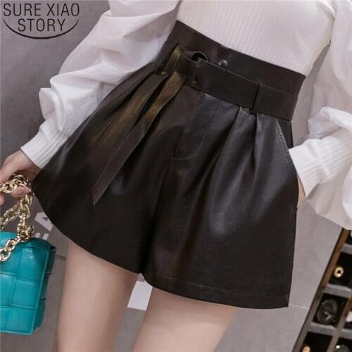 Elegant Female PU Faux Leather Womens Shorts 2021 Autumn Winter Black Sashes High Waist Wide Leg Shorts Solid Trousers 12242
