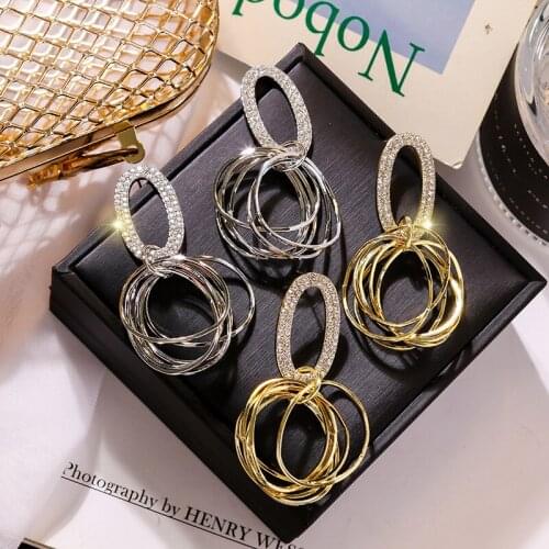 Exknl Crystal Shiny Rhinestone Simple Metal Earrings For Women Girls Party Geometric Big Circle Brincos Jewelry Party Earrings